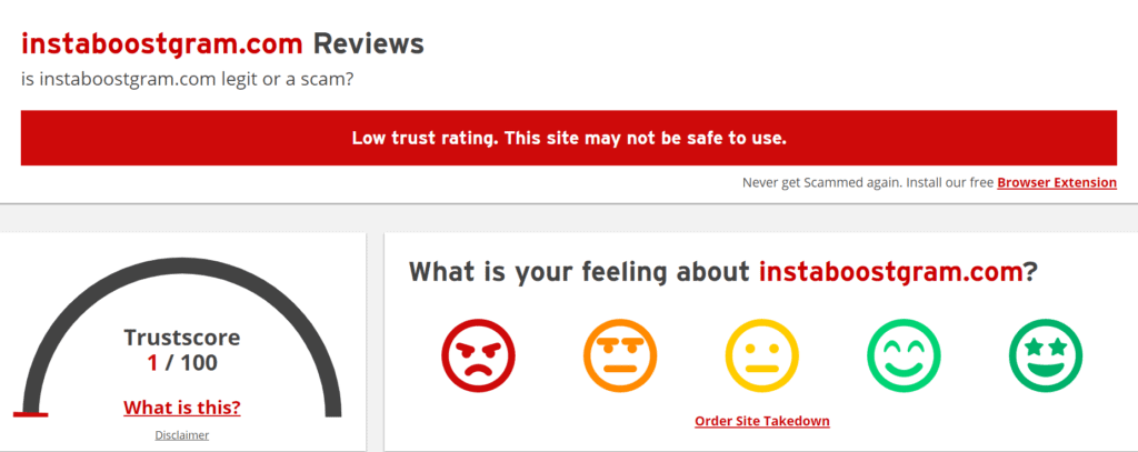 A screenshot showing an overall score for Instaboostgram on the official Scamadviser website.
