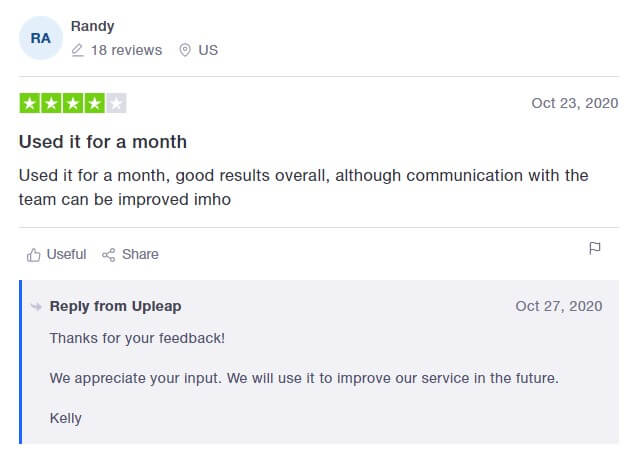 A picture showing a positive Upleap review on Trustpilot.
