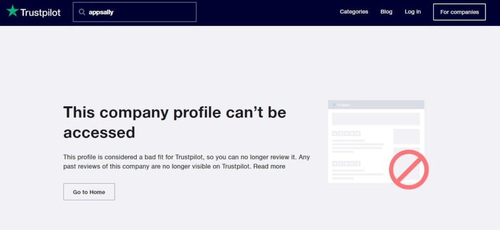 A screenshot of AppSally’s Trustpilot page