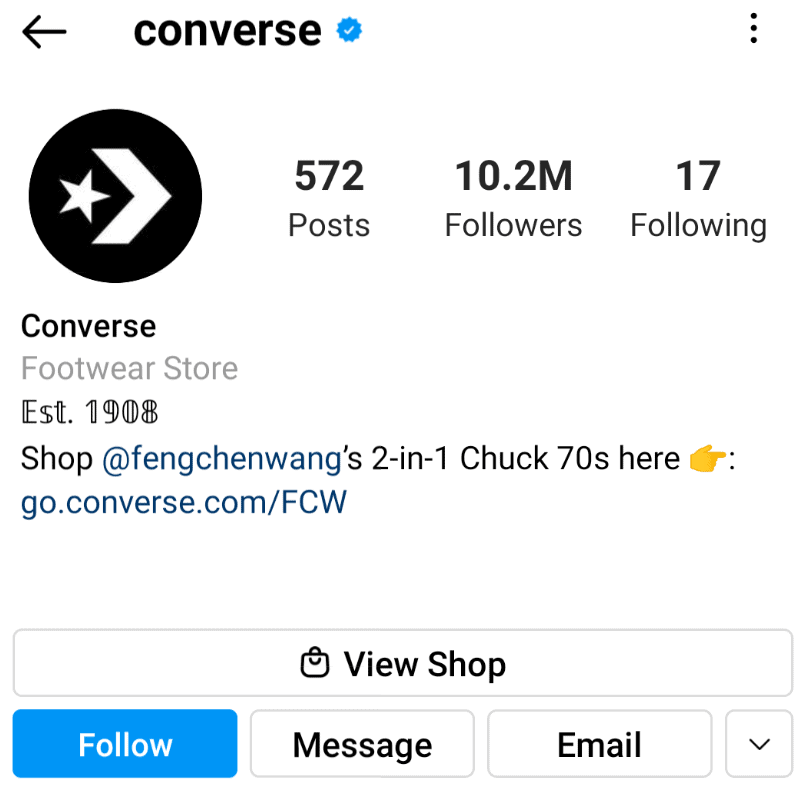 Converse Instagram Bio and Shoppable Page example