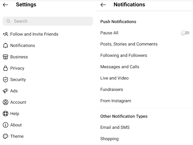 Instagram notifications settings section