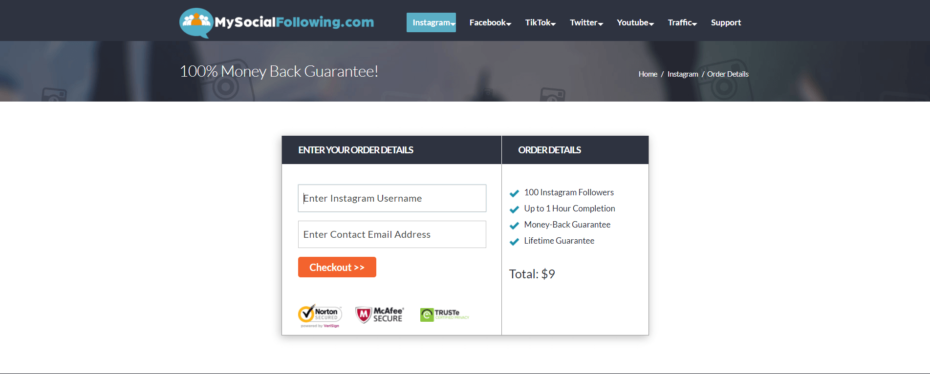 A screenshot showing the money-back guarantee policy on the official Mysocialfollowing website.