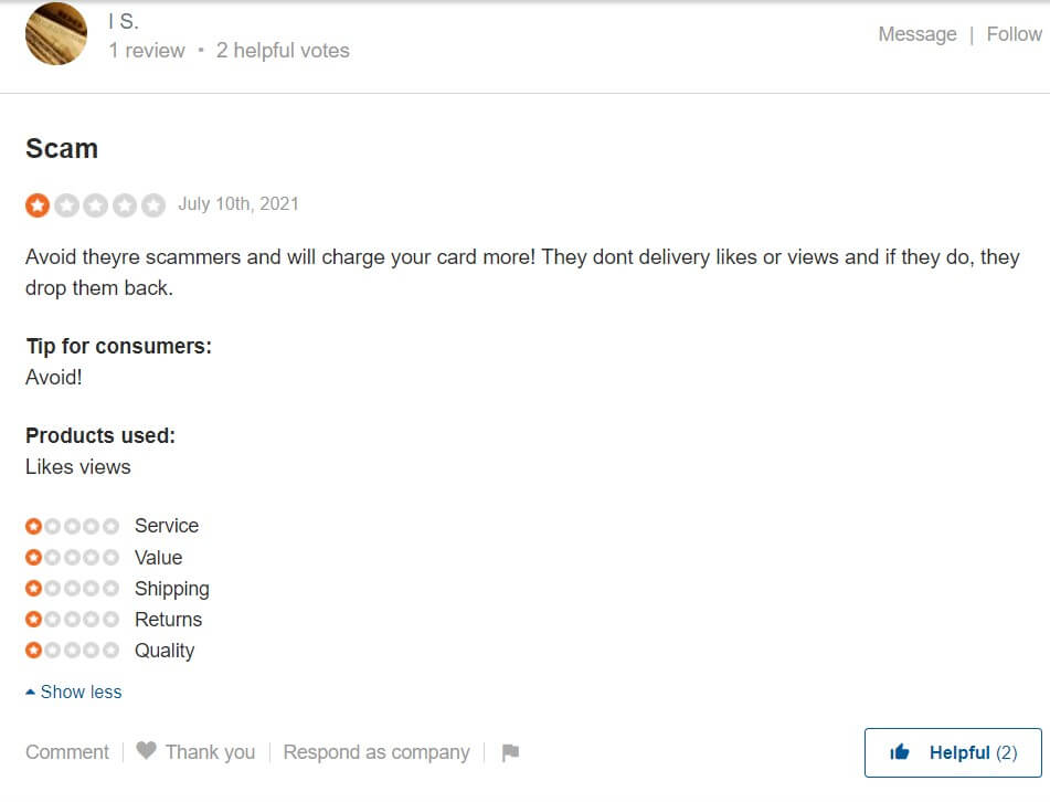 A screenshot of a negative Instafollowers review on Sitejabber.
