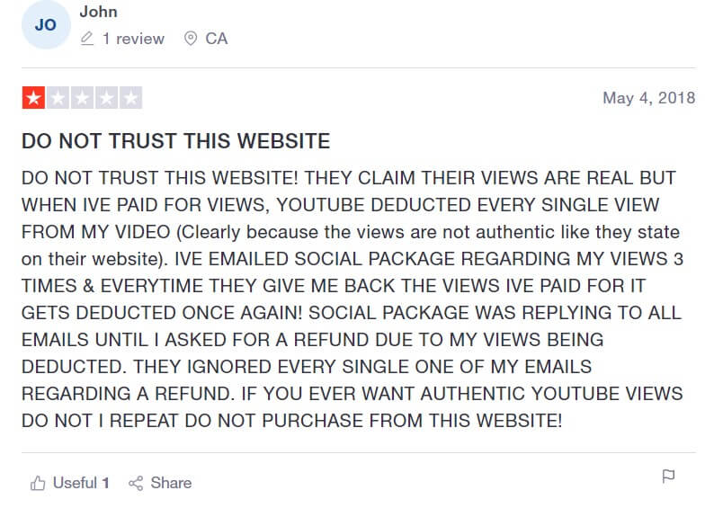 A screenshot of a negative Social Package review on Trustpilot. 